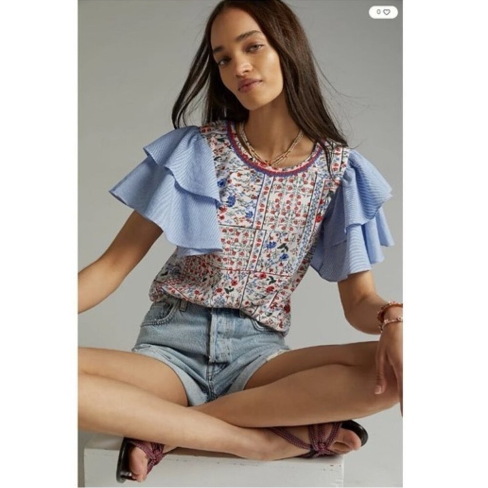 Anthropologie Let Me Be Floral Chambray Ruffle Flutter Sleeve Tee Blouse‎ Size S - Picture 4 of 14